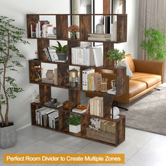The S-shaped bookcase used as a room divider with books and storage baskets