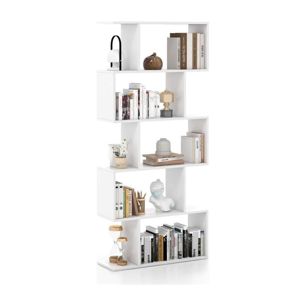 Geometric S-Shaped Bookcase with anti-toppling device, a modern white shelving unit