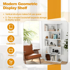 The geometric S-shaped bookcase in white, showing its open shelving and modern design
