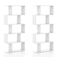 Two white geometric S-shaped bookcases shown together, demonstrating arrangement options