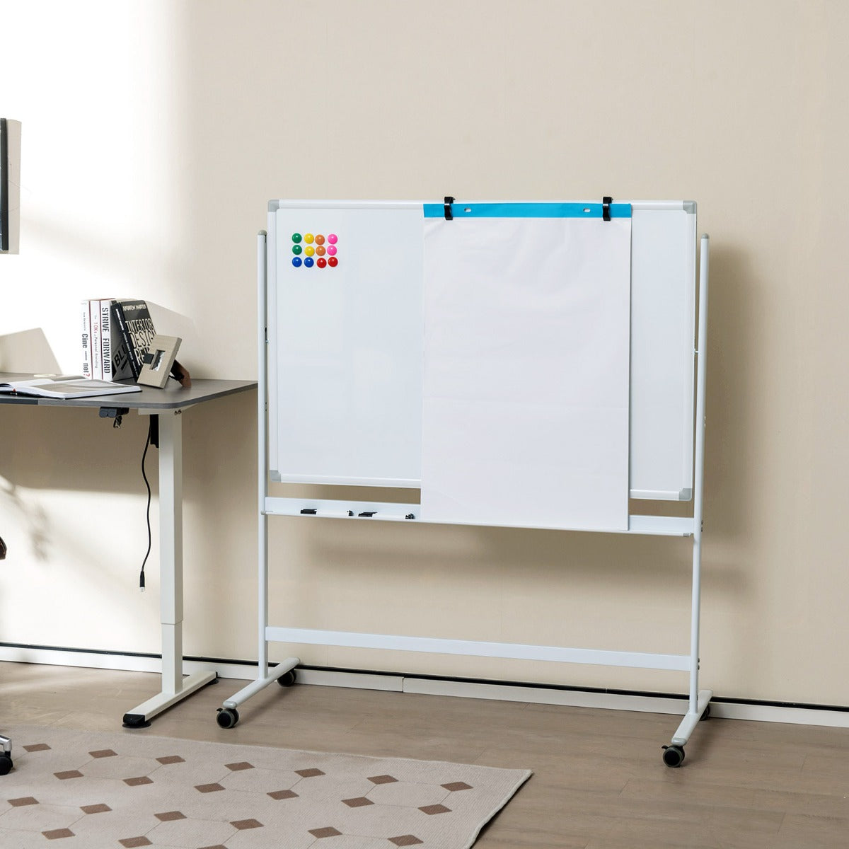 Reversible Mobile White Board with Adjustable Height-White