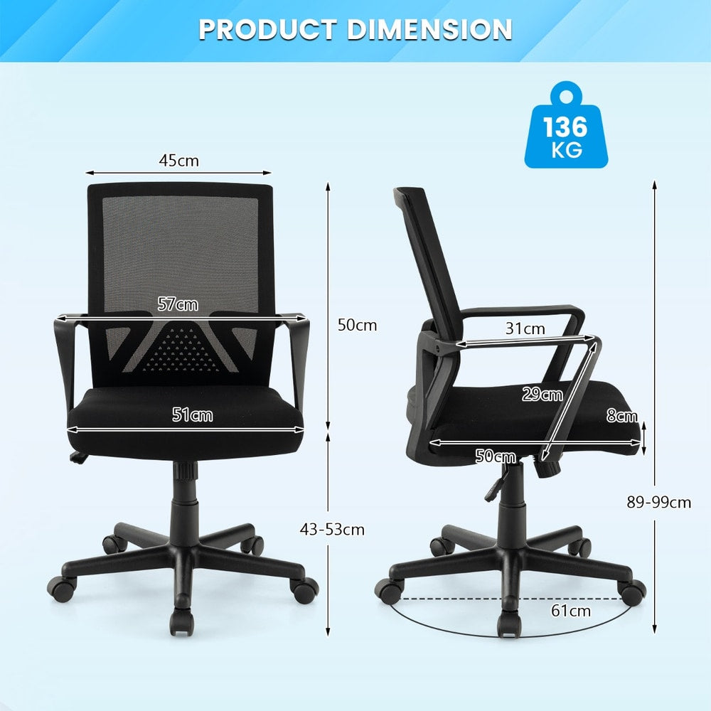 Product dimension diagram for the black ergonomic desk chair
