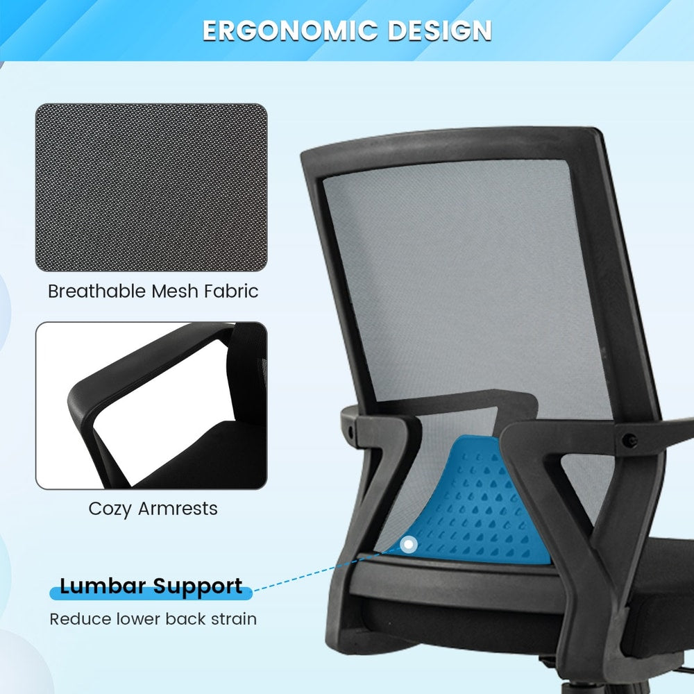 Close-up of the ergonomic desk chair showing breathable mesh fabric and lumbar support
