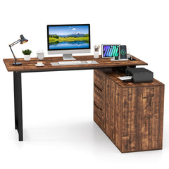 The office desk featuring a computer, desk lamp, and printer placed on the wooden surface