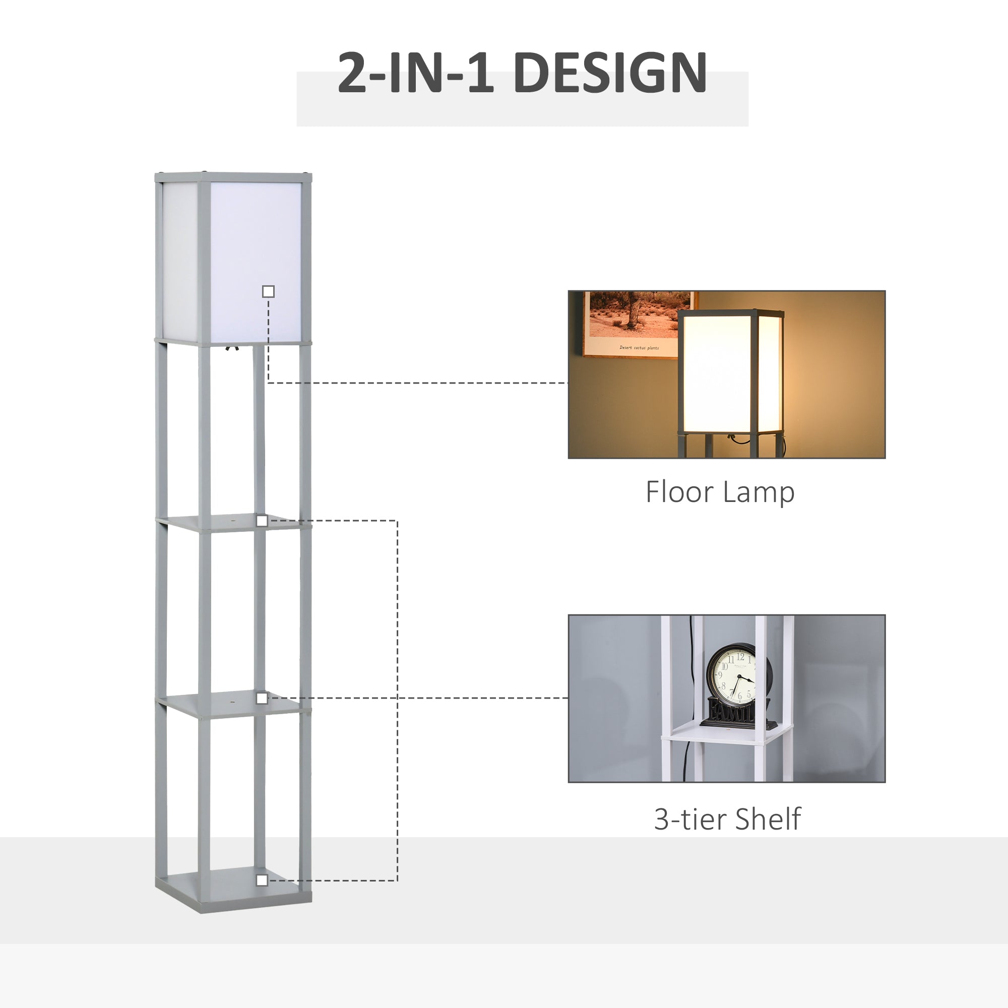HOMCOM 3-Tier Floor Lamp, Floor Light with Storage Shelf, Reading Standing Lamp with Acrylic Shade for Living Room, Bedroom, Kitchen, Dining Room, Office, Dorm, 160cm, Grey