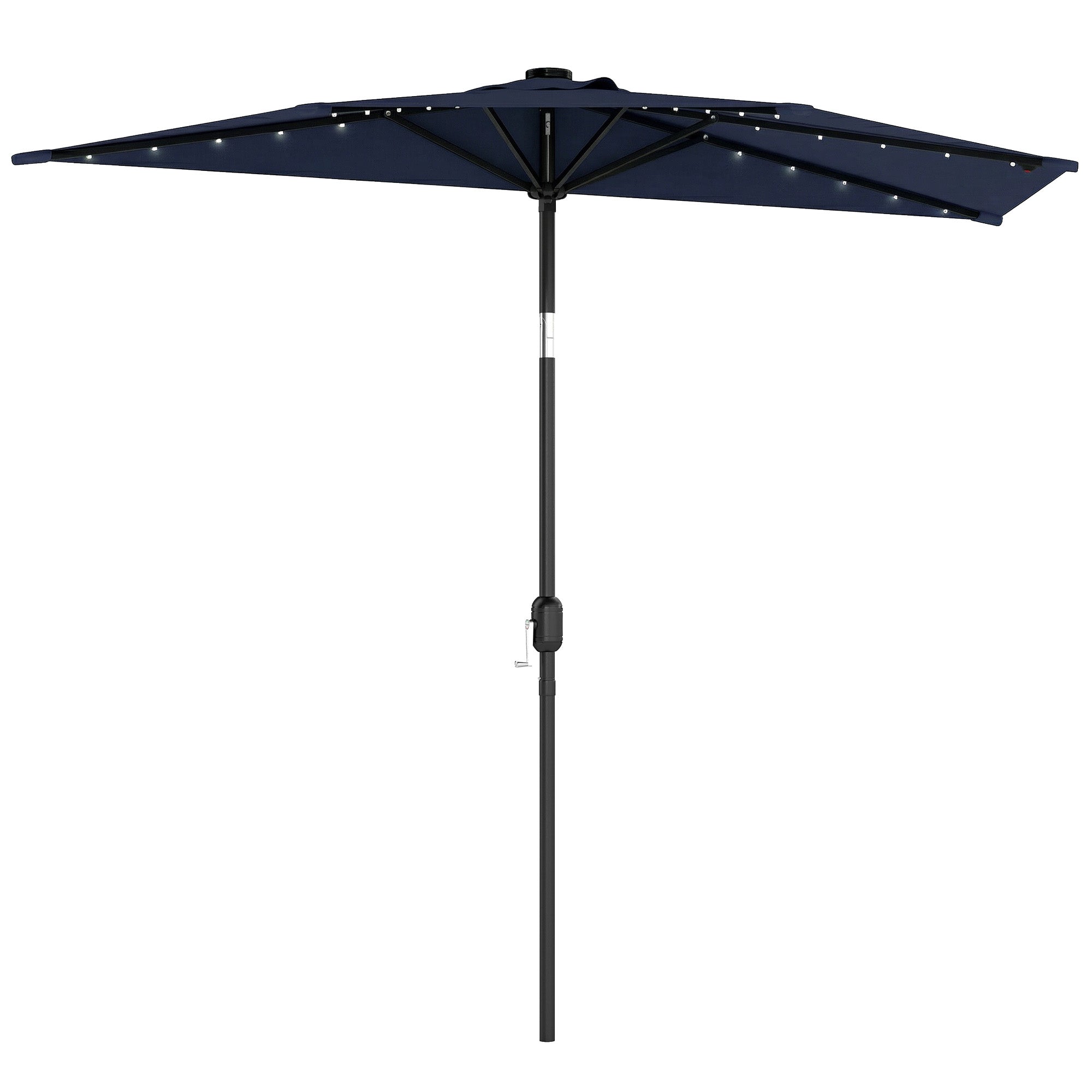 Outsunny 2.6 m Half Garden Parasol with Solar LED Lights, UPF50+ Semi Round Umbrella with 30Â° Tilt, Crank Handle, Dark Blue