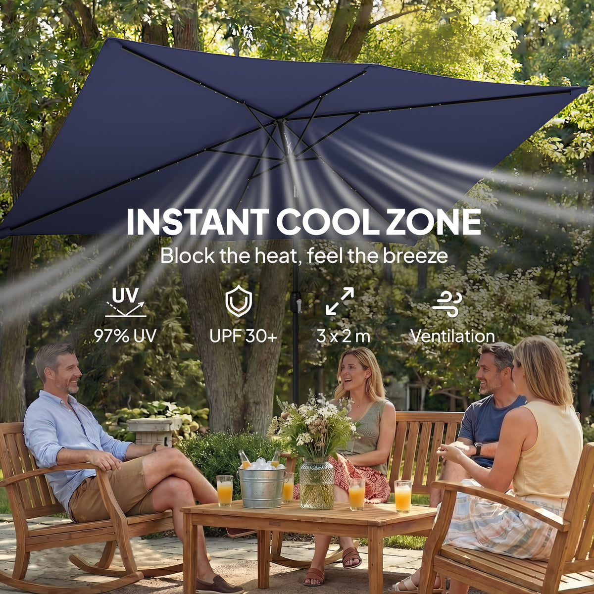 Outsunny 3 x 2 m Garden Parasol Umbrella with LED Solar Light, Parasol Cover, Outdoor Market Patio Umbrella, Navy Blue