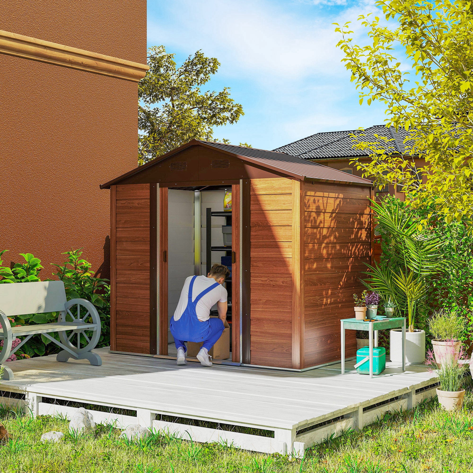 Outsunny 6 x 8ft Galvanised Steel Shed - Brown Wood-Effect