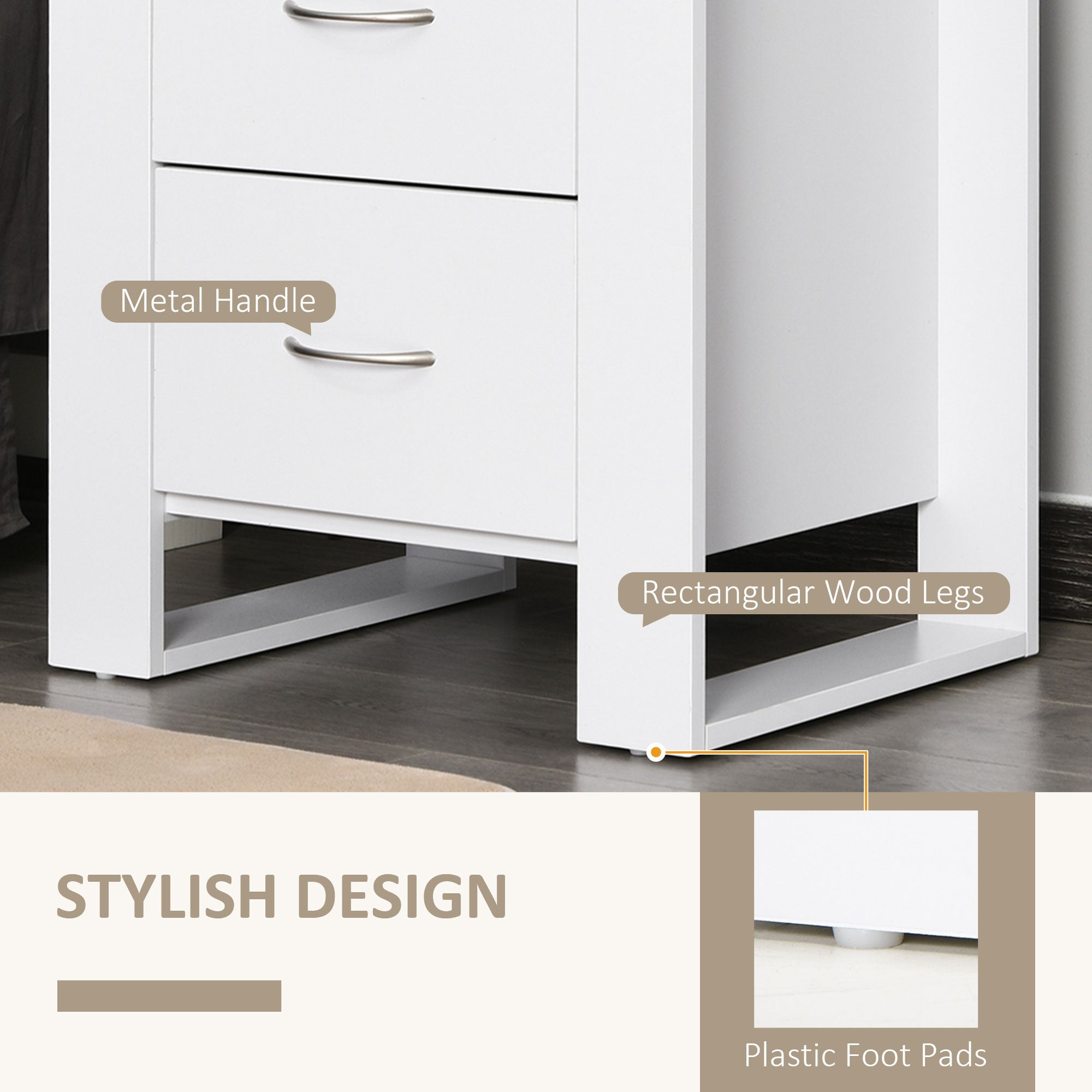 HOMCOM Bedside Table Set of 2 with 2 Drawers, Nightstands with Handles and Elevated Base, Side Tables for Bedroom, Living Room, White