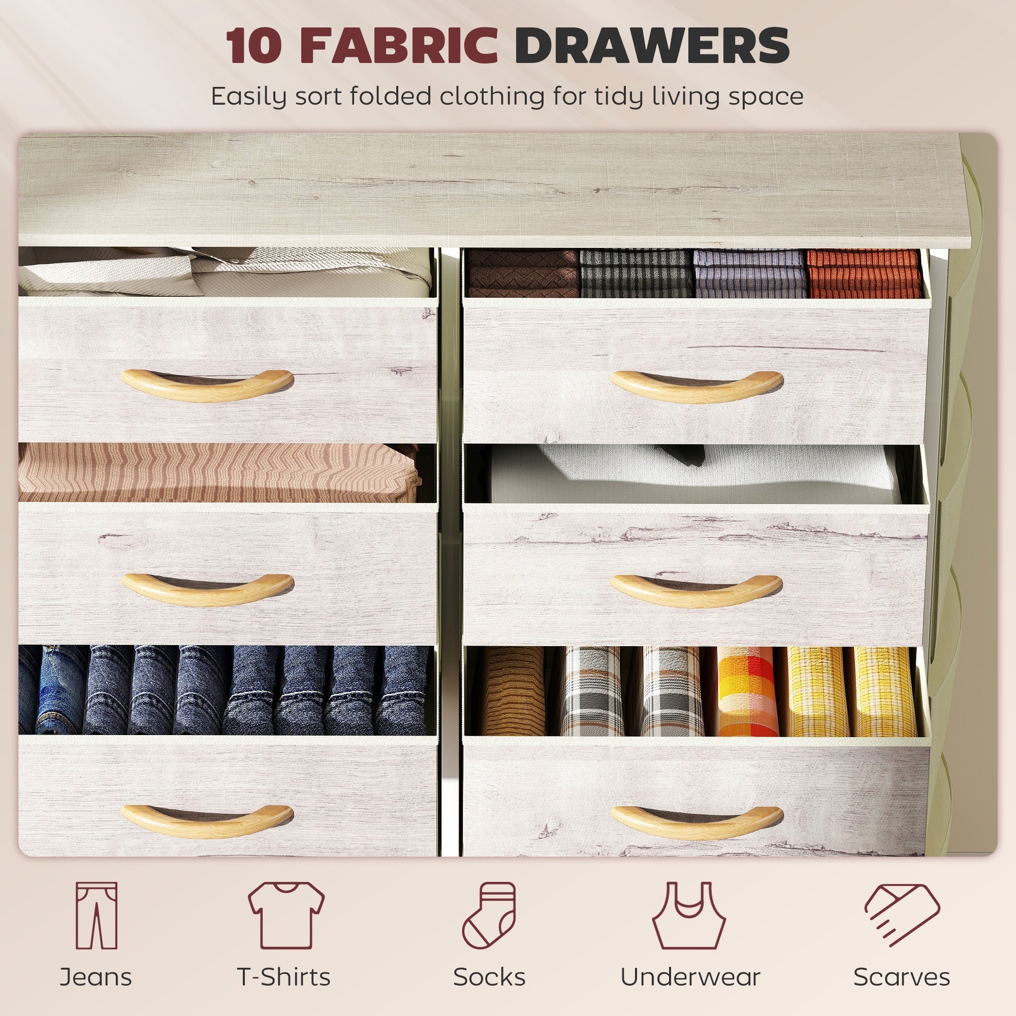HOMCOM Chest of Ten Fabric Drawers - Natural Wood Finish