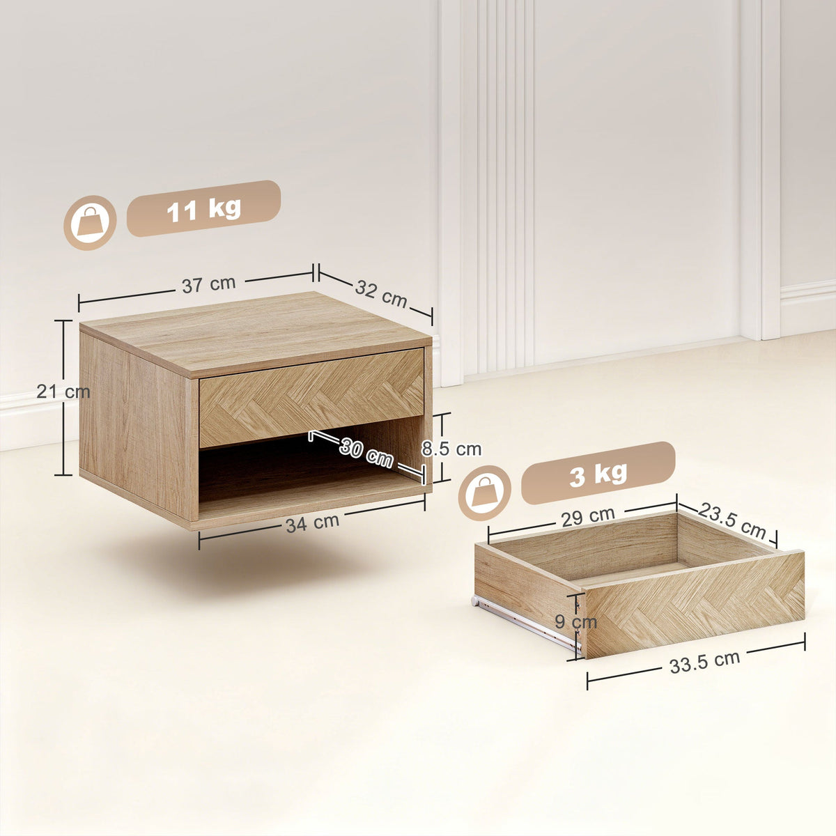 HOMCOM Set of Two Floating Bedside Tables - Natural Wood Finish