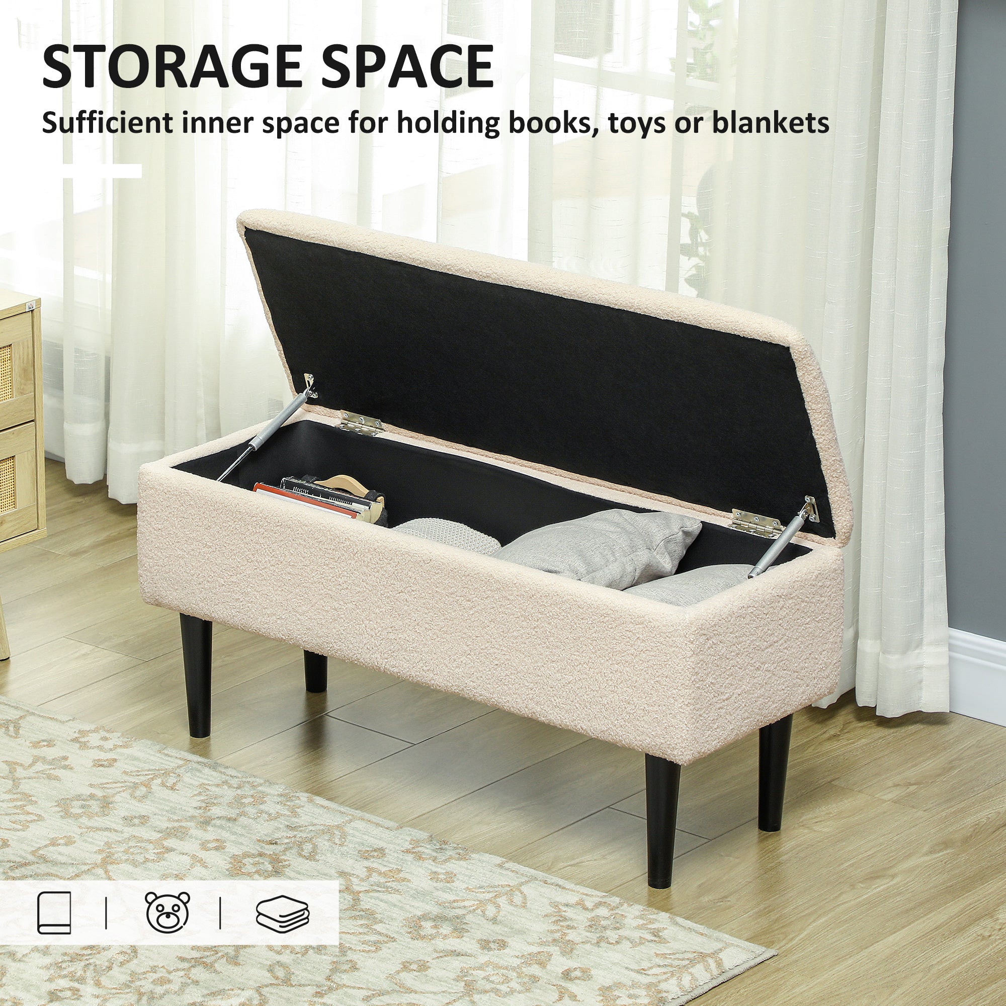 HOMCOM 47L Teddy Fleece Storage Ottoman - Cream