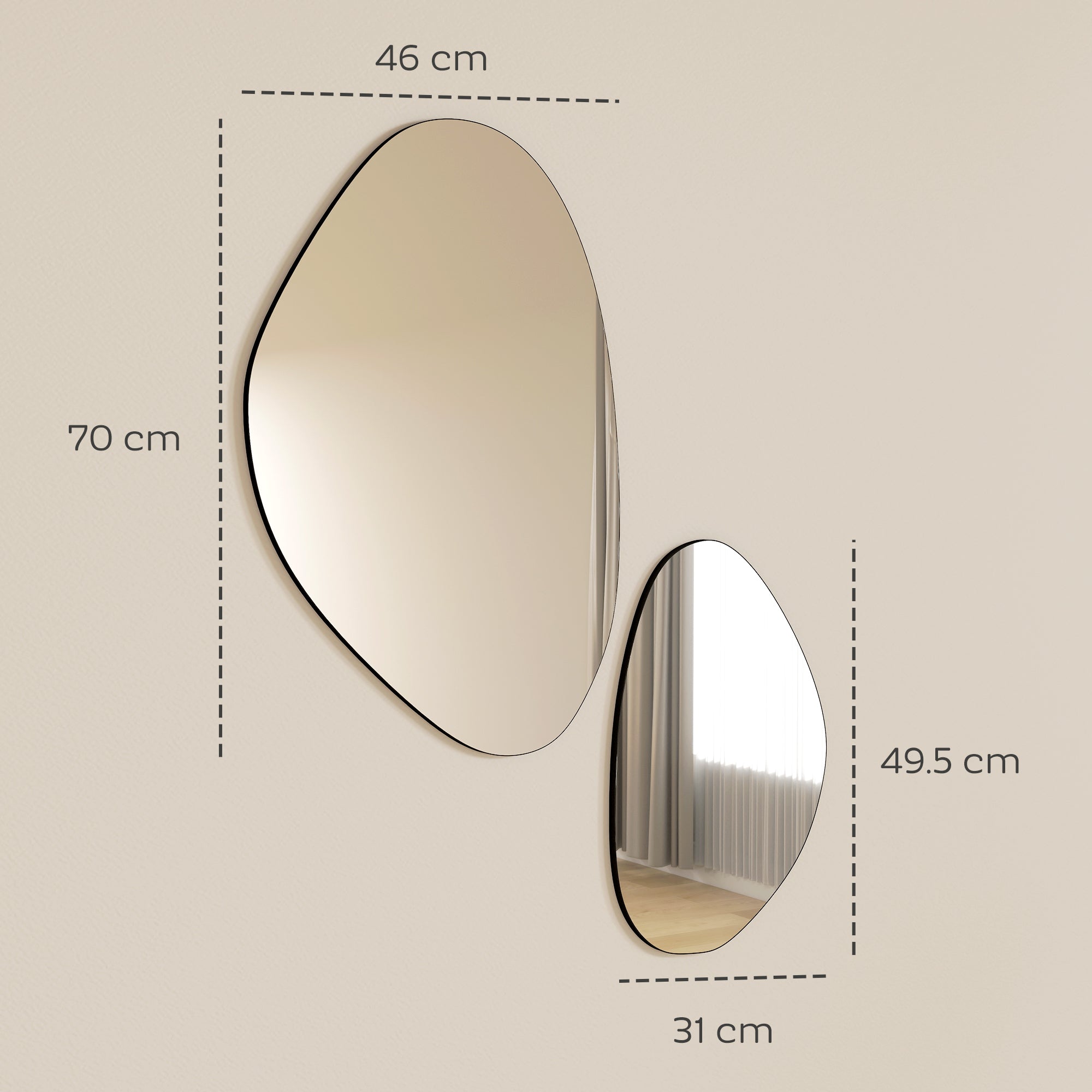 HOMCOM Set of 2 Pebble-Shaped Wall Mirror - Black