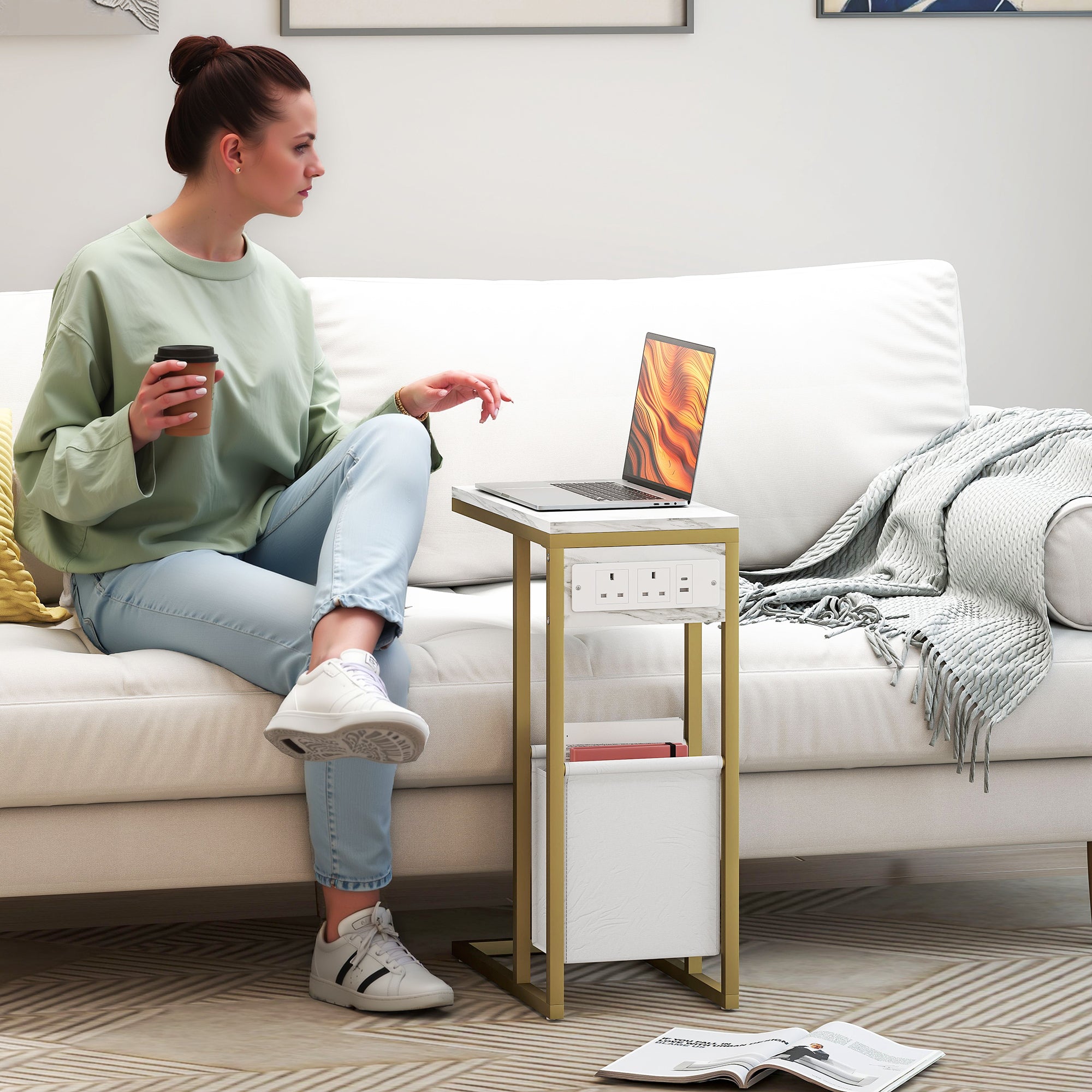 HOMCOM C Shaped Side Table with Charging Station and Faux Marble Top - White
