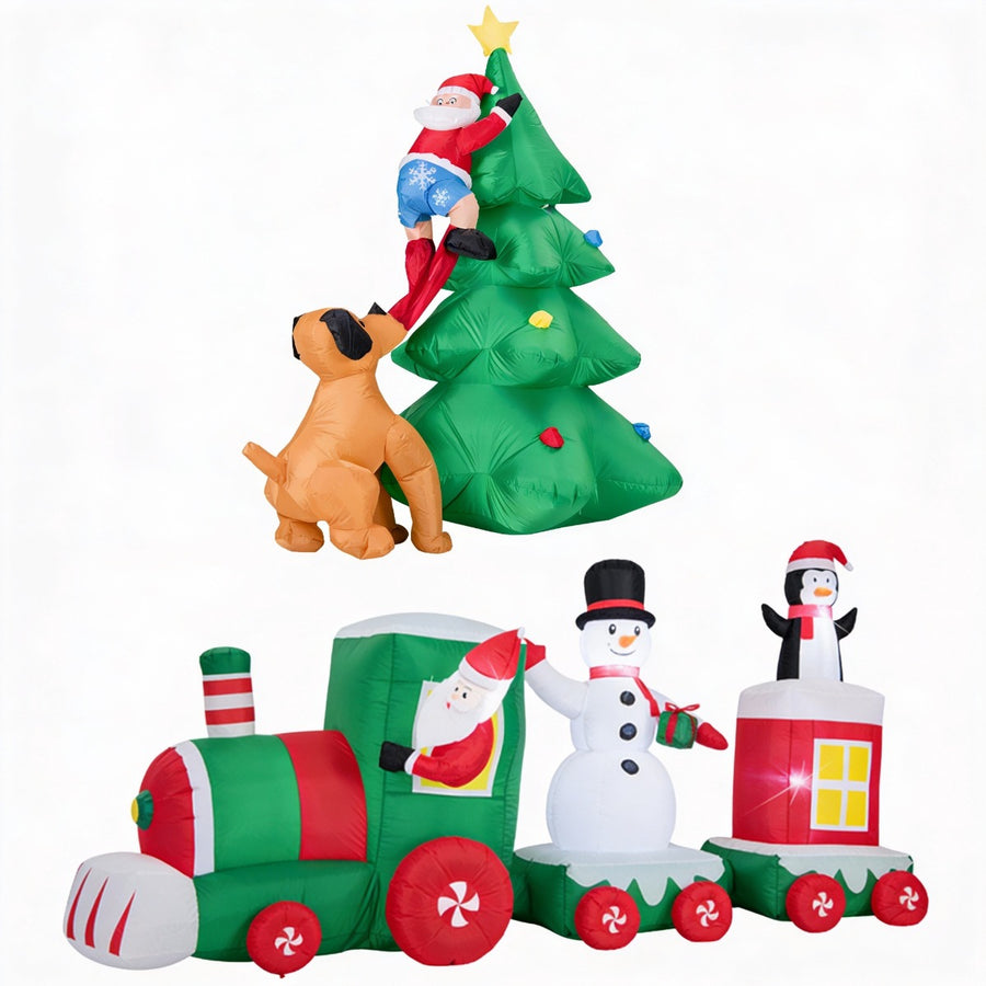 Christmas Inflatable Decoration Set - Santa Chased by Dog & Giant Christmas Train