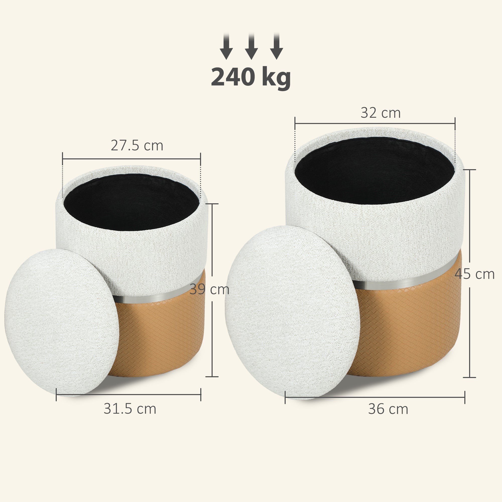 HOMCOM Nesting Round Ottoman with Storage Set of 2 - Cream/Brown