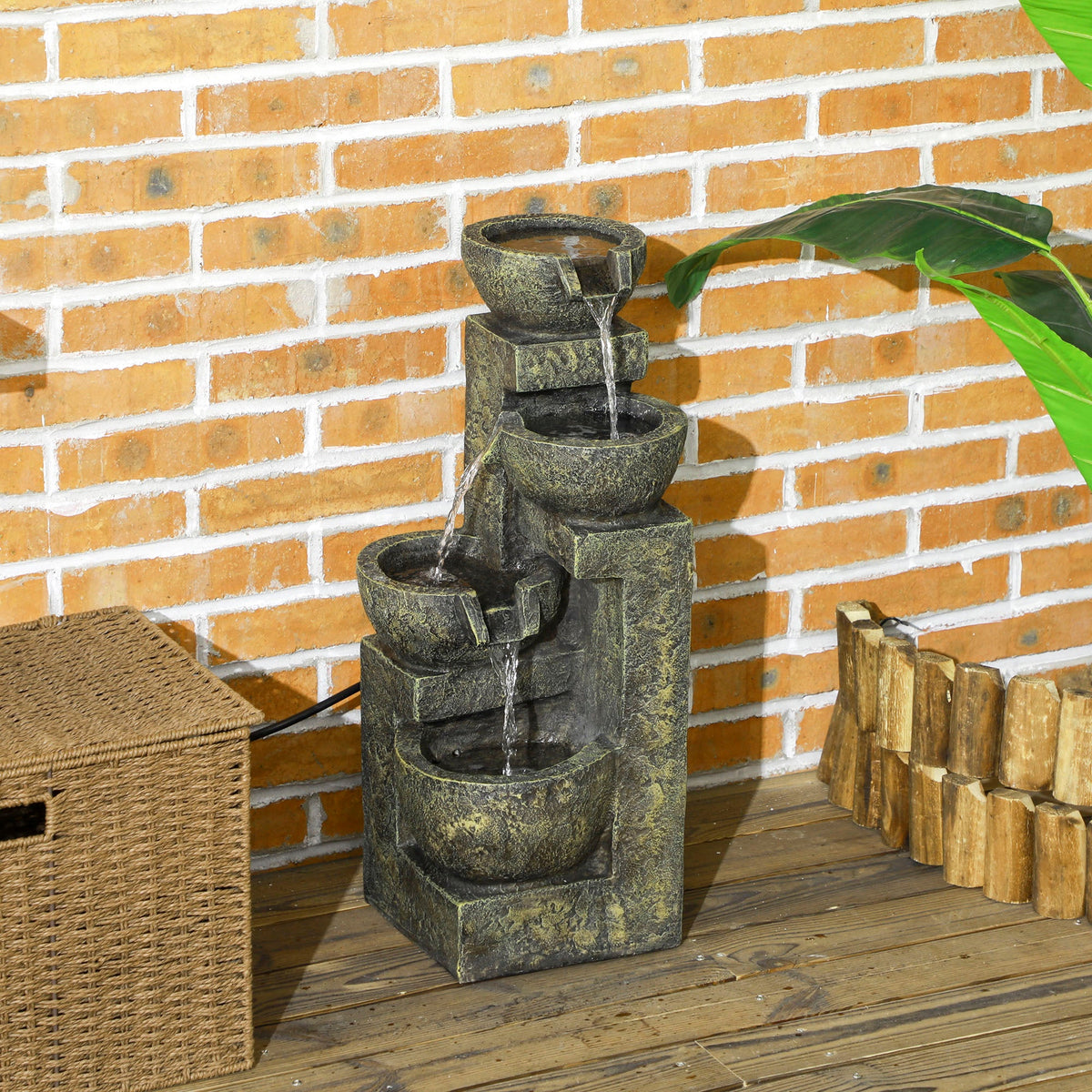 Outsunny Garden Water Feature Waterfall Fountain with 4-Tier Stone Look Bowls, Adjustable Flow