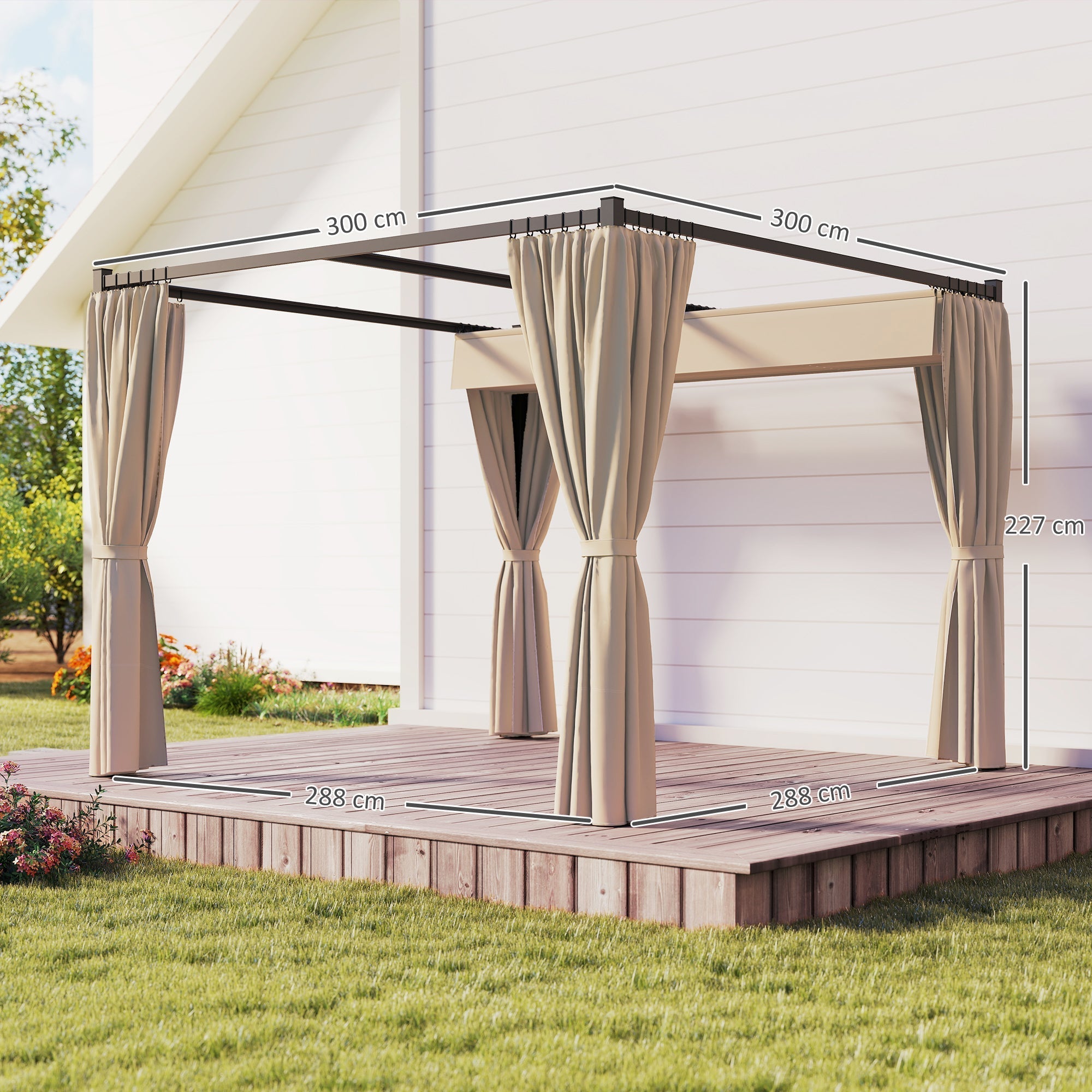 Outsunny 3 x 3m Retractable Roof Pergola, with Curtains - Khaki