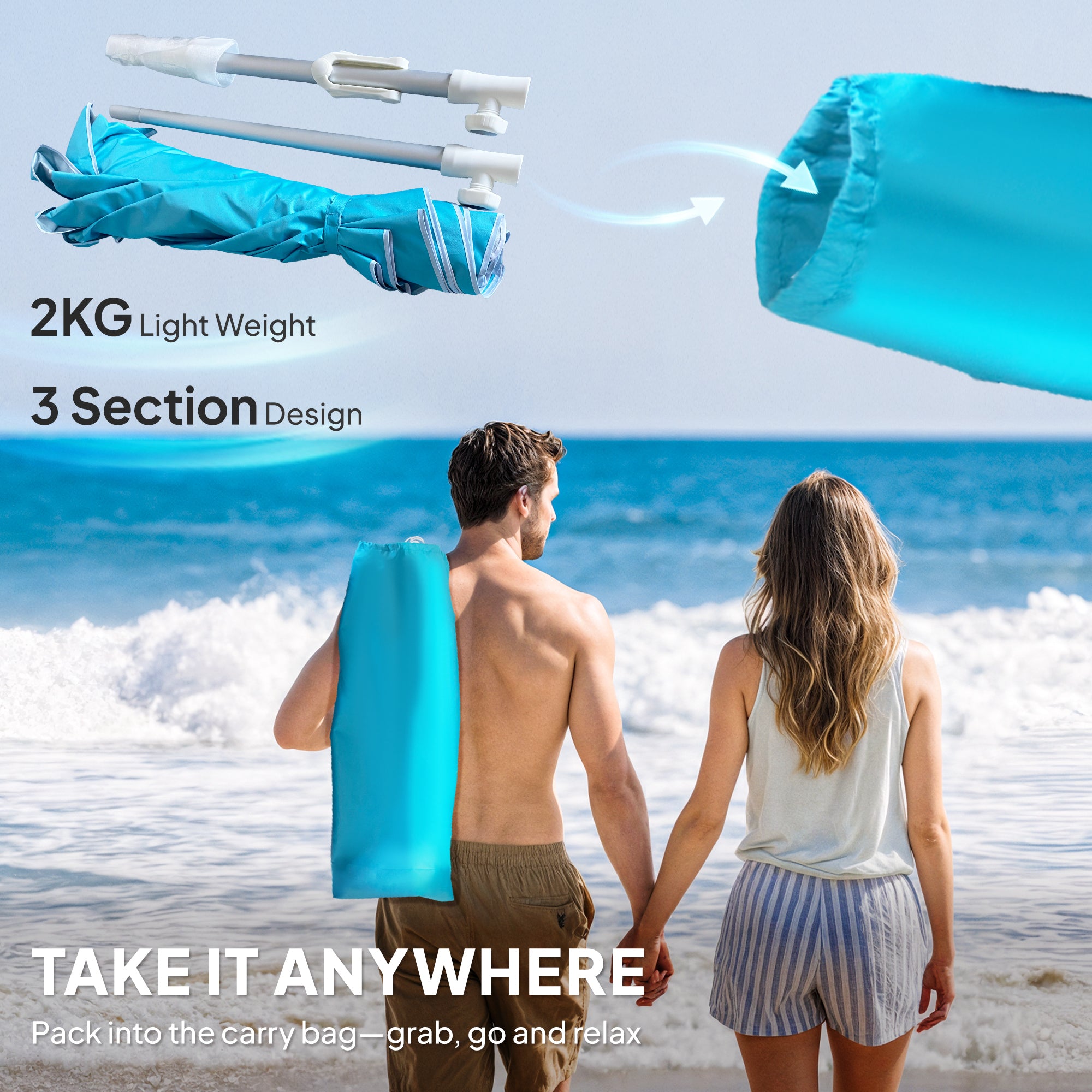 Outsunny Beach Umbrella Portable with Sand Anchor, Carry Bag, Adjustable Height & Tilt, UPF50+ UV Protection, Blue