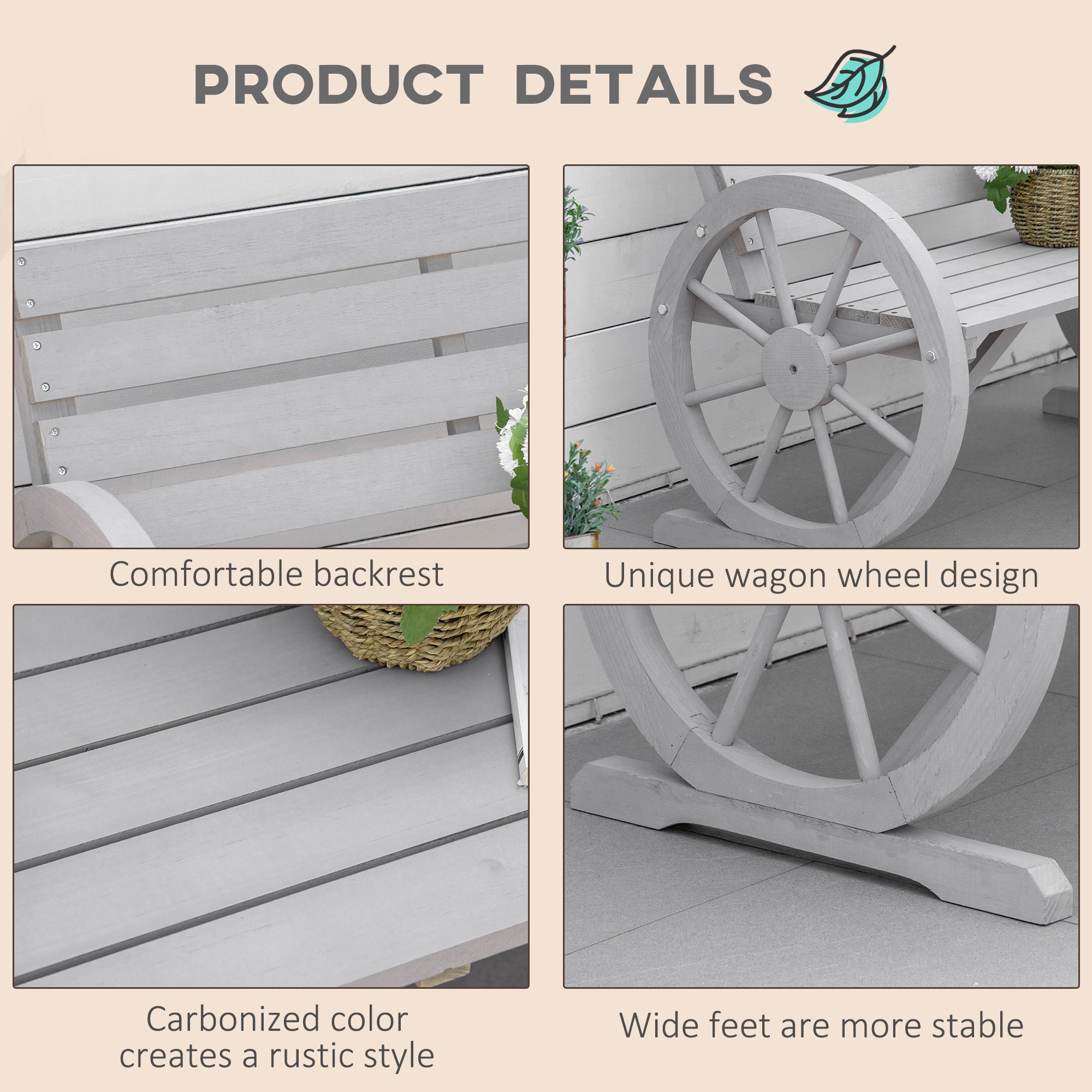 Outsunny Wooden Cart Wagon Wheel 2 Seater Garden Bench Outdoor Garden Armrest Chair Rustic High Back Loveseat Grey
