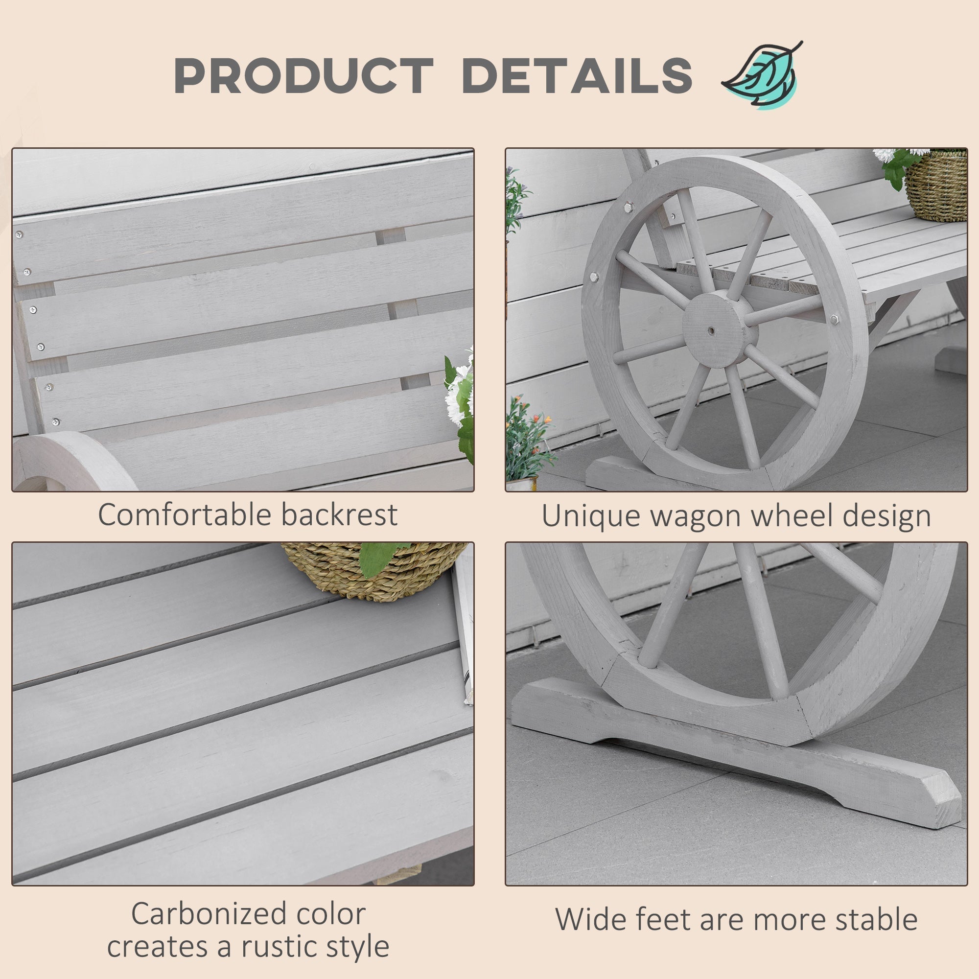 Outsunny Wooden Cart Wagon Wheel 2 Seater Garden Bench Outdoor Garden Armrest Chair Rustic High Back Loveseat Grey
