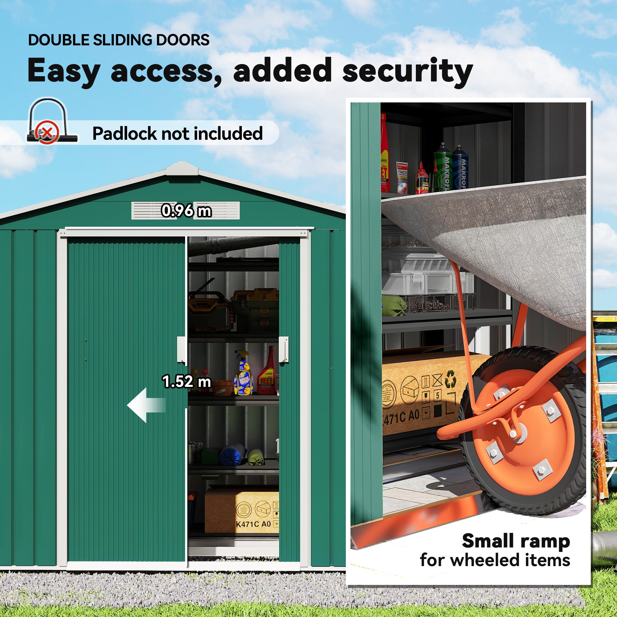 Outsunny 7 x 4ft Metal Garden Shed, Outdoor Storage Tool House with Ventilation Slots, Foundation Kit and Lockable Double Doors, Green