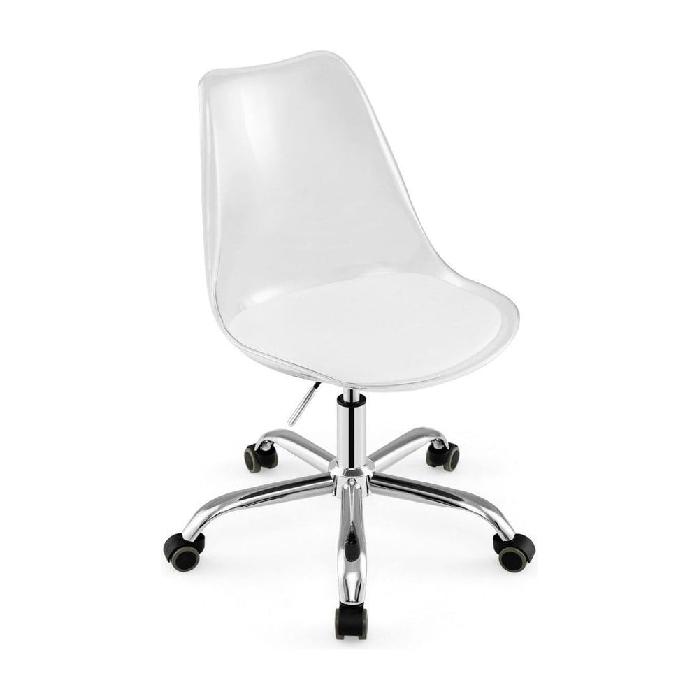 Clear Desk Chair with a transparent seat and a white cushion on a chrome base with five wheels