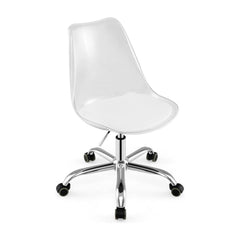 Clear Desk Chair with a transparent seat and a white cushion on a chrome base with five wheels