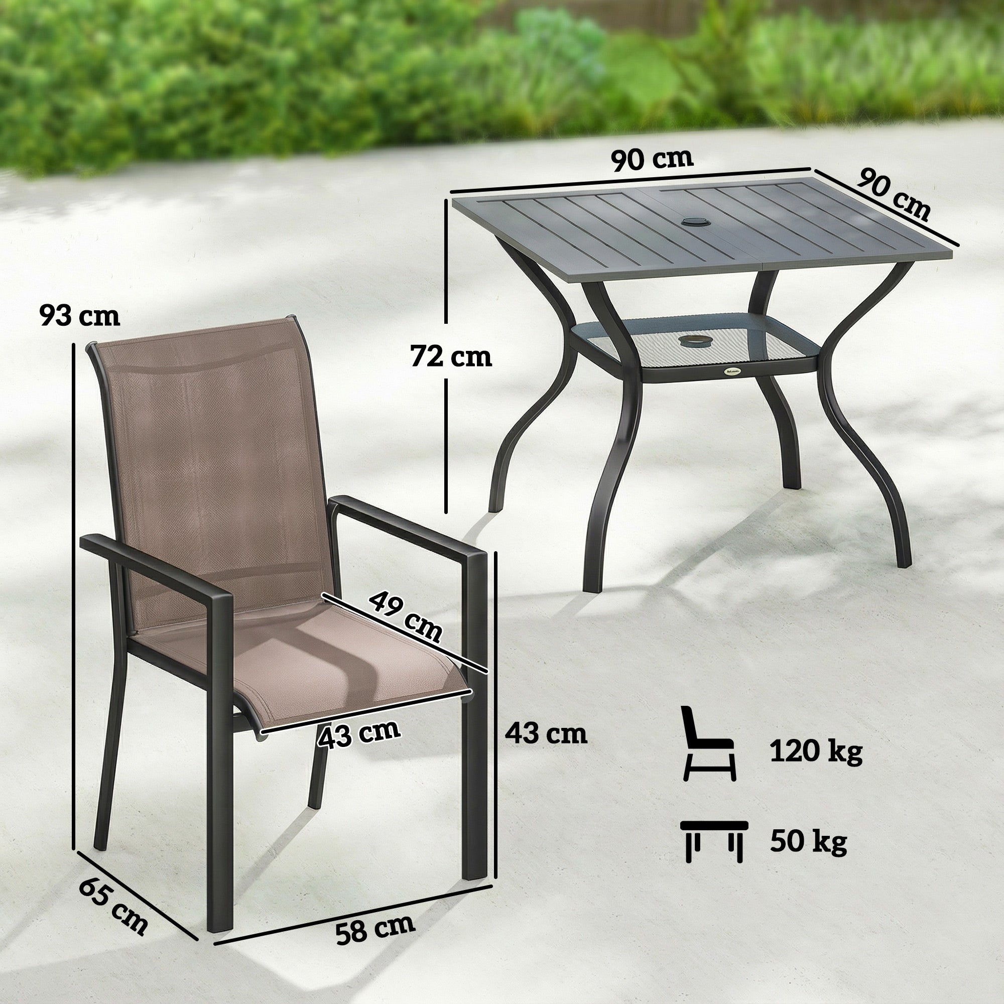 Outsunny 5 Pieces Outdoor Dining Set for 4, Garden Table and Stackable Chairs with Breathable Mesh Seat, Grey and Khaki