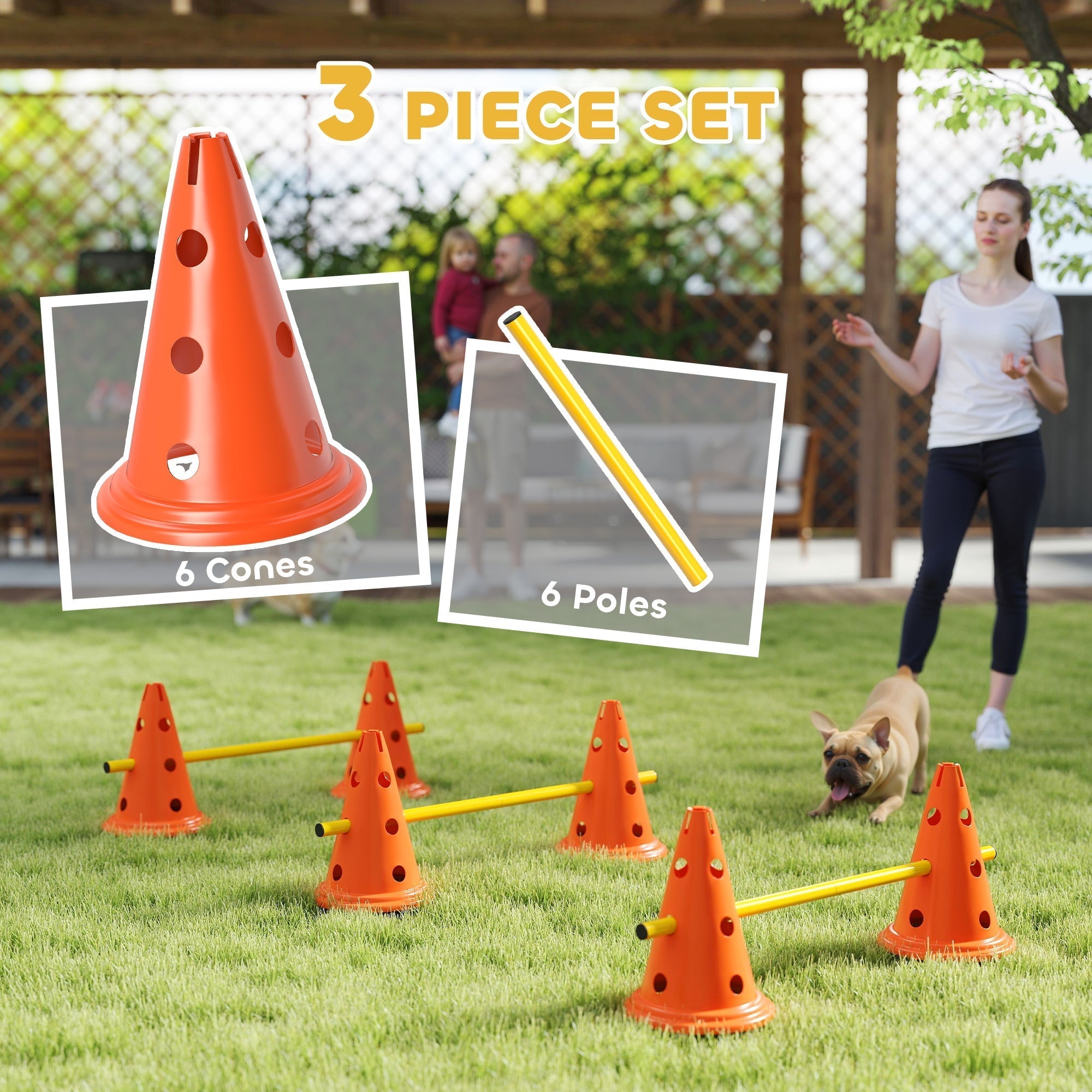 PawHut Dog Agility Equipment Set of Six Cones, Six Poles with Carry Bag, Three-Piece Adjustable Height Jumping Obstacles Orange