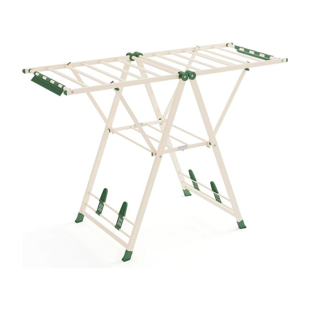 Clothes Drying Rack shown in beige with green accents standing on a plain white background
