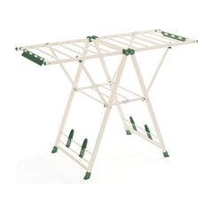 Clothes Drying Rack shown in beige with green accents standing on a plain white background