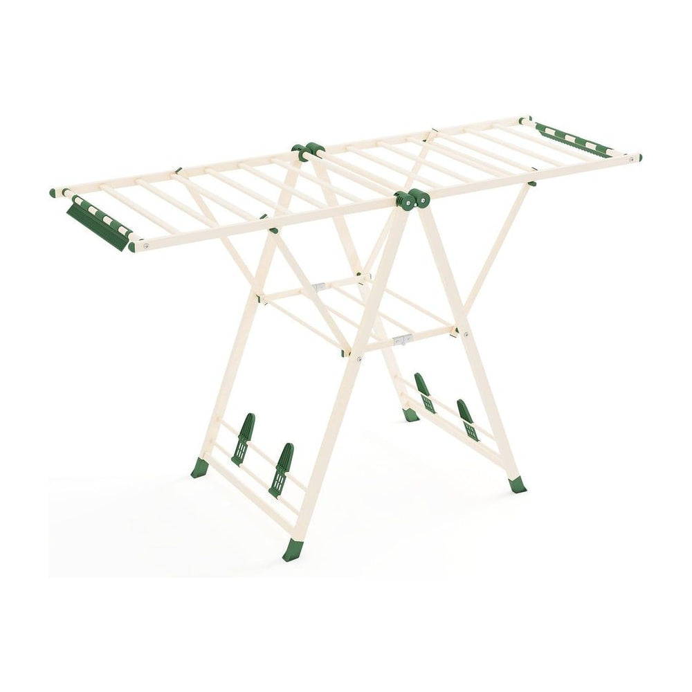 Clothes Drying Rack in beige with green accents standing on a white background