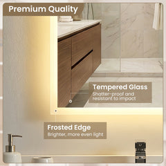 The bathroom mirror corner showing the frosted edge and tempered glass construction