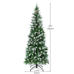 Snow-Flocked Pencil Hinged Artificial Christmas Tree with Pine Cones-6FT