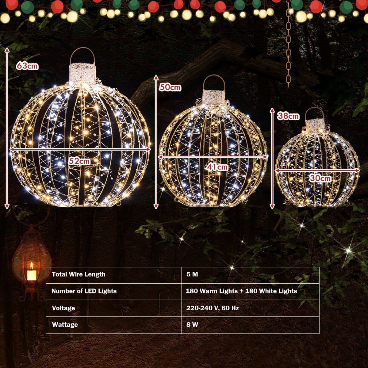 3 Pieces Christmas LED Ball Lights in Golden, image 4