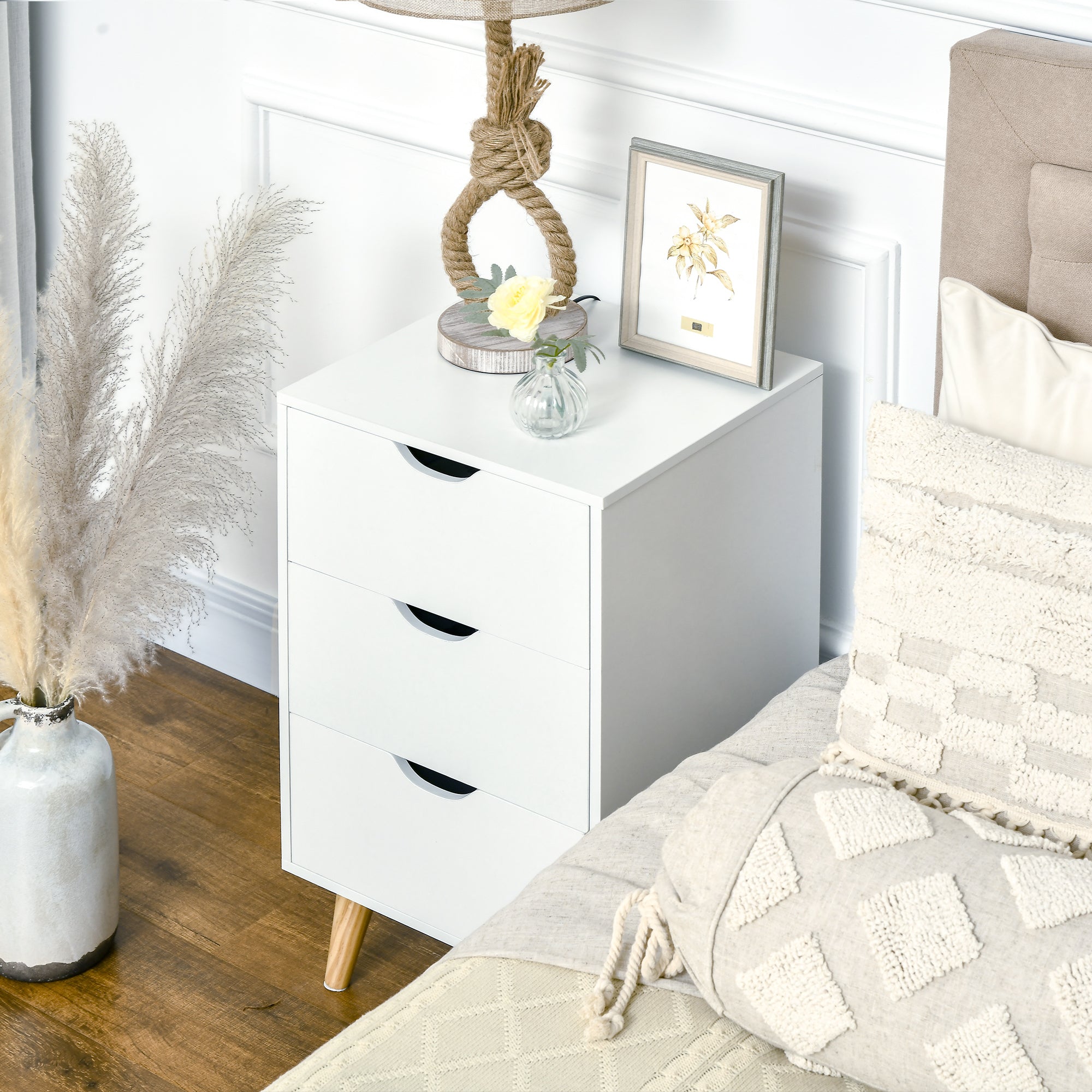 HOMCOM Bedside Table, Bedside Cabinet with 3 Drawers, Small Side Table with Wood Legs and Cut-out Handles for Bedroom, Cream White