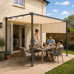 Outsunny 3 x 4m Metal Pergola with Retractable Roof and Roller Shade, Free Standing Gazebo Canopy Pergola Kit, UPF30+ Outdoor Sun Shelter, Beige