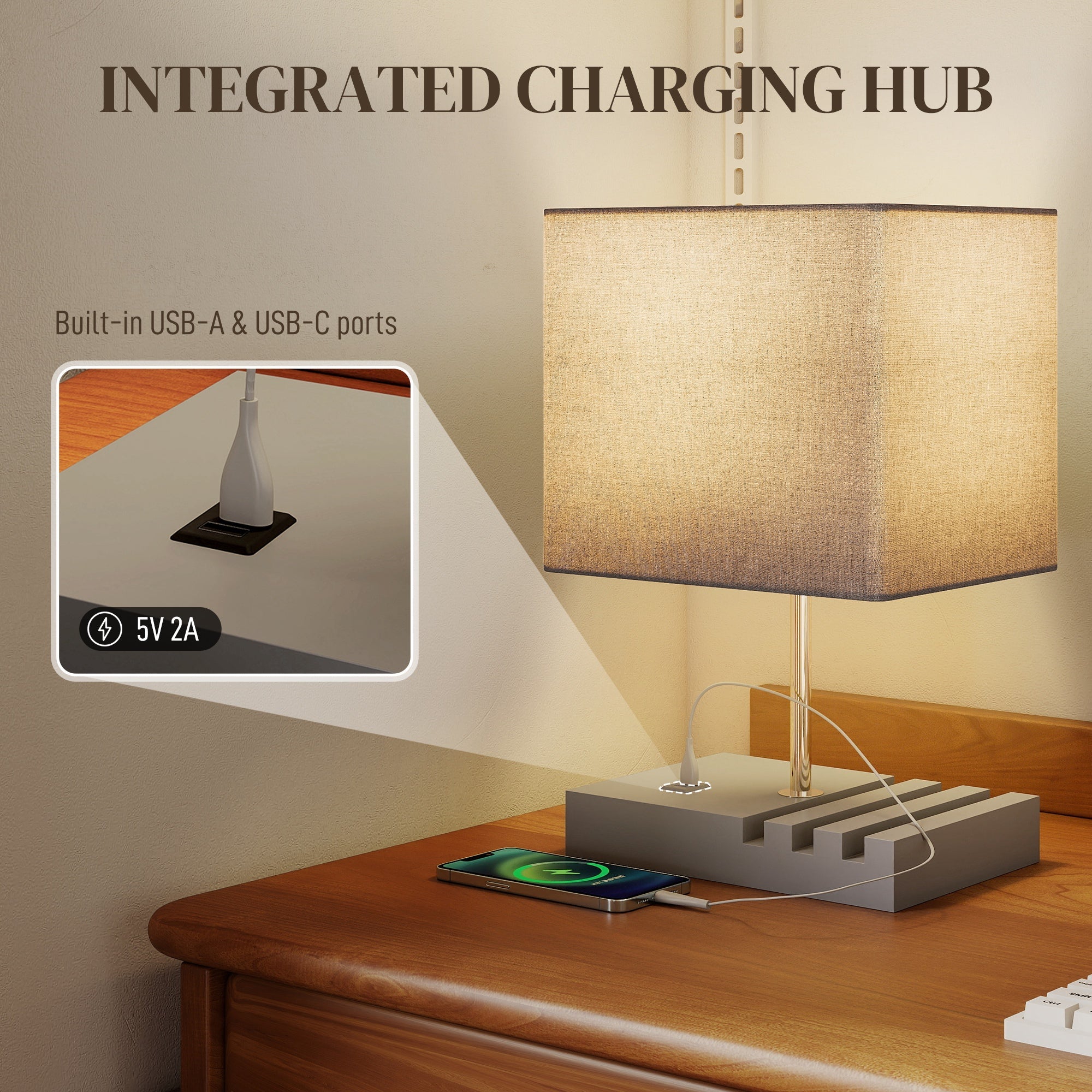 HOMCOM Bedside Lamp with USB A+C Charging Ports and 3 Phone Stands, Modern Table Lamp with Solid Wood Base and Fabric Shade for Bedroom Living Room Office, E27 Socket, Bulb Not Included, Grey