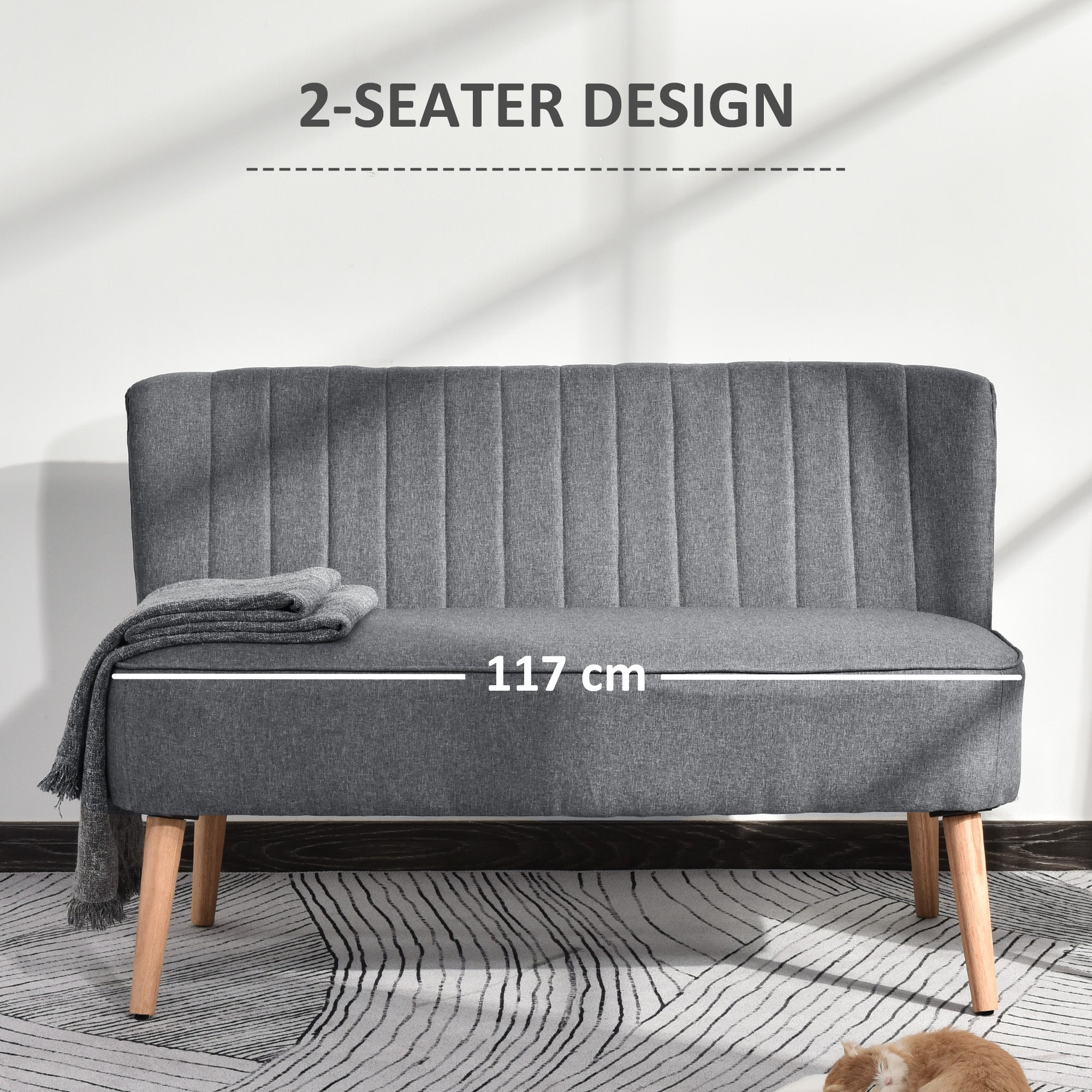 HOMCOM Modern Double Seat Sofa Loveseat Couch 2 Seater Compact Sofa Padded Linen Wood Leg Grey