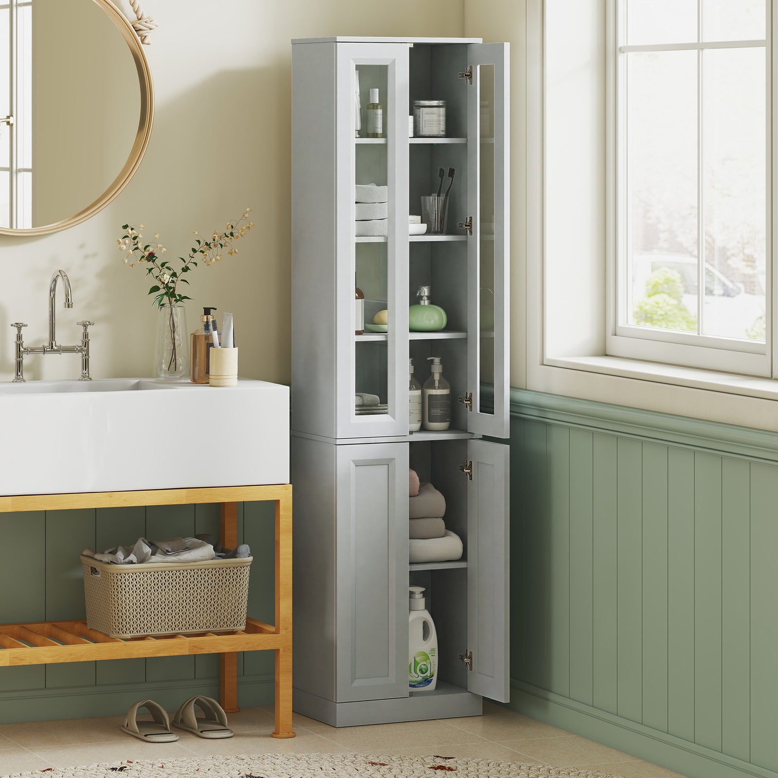 HOMCOM Tall Bathroom Storage Cabinet, 6-Tier Slim Bathroom Cabinet with Adjustable Shelf, 4 Soft-Close Doors, Dusty Blue