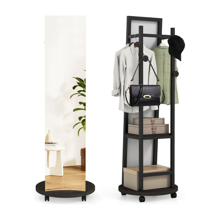 Coat Rack with Full Length Mirror Freestanding Coat Tree with 3 Hooks-Black