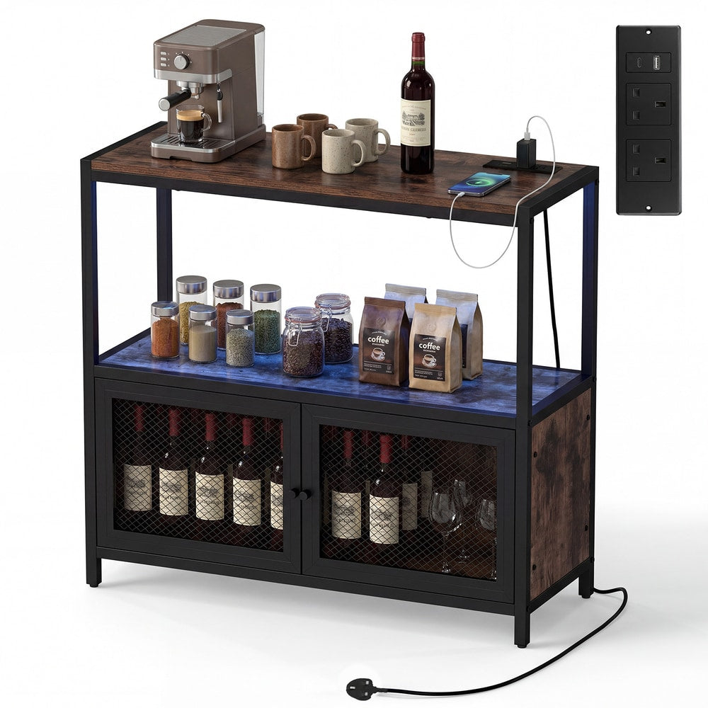 Coffee Bar Cabinet with LED lights and charging station in rustic brown finish