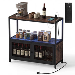 Coffee Bar Cabinet with LED lights and charging station in rustic brown finish