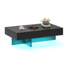 Coffee Table with high-gloss black finish and blue LED base lighting on a white background