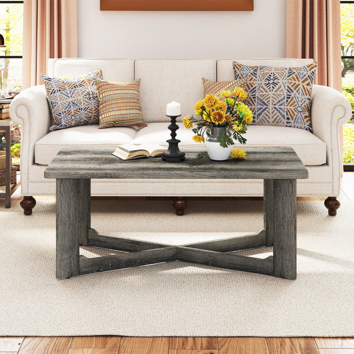 Coffee Table Rectangle Center Table with X-Shaped Base-Grey