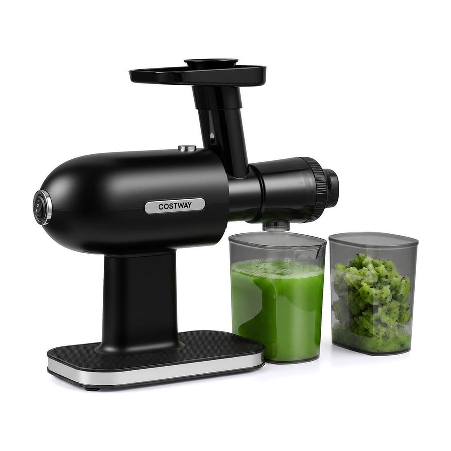 Cold Press Slow Juicer in black with two containers, one filled with juice and the other with pulp