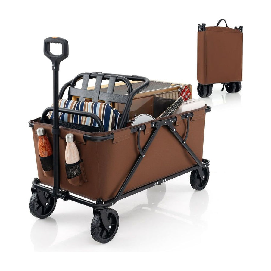 Collapsible Foldable Wagon Cart with Adjustable Handlebar in coffee colour, shown from the front with items inside