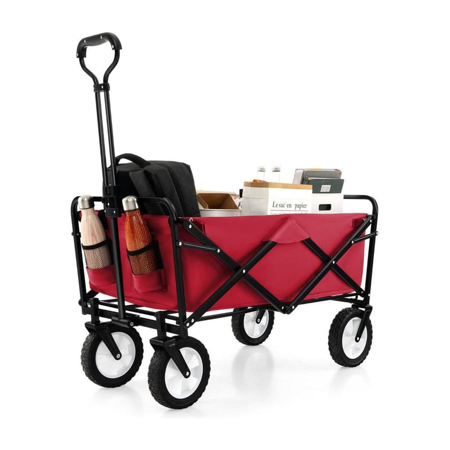 Eavy Duty Camping Garden Cart with red fabric and black frame filled with various items