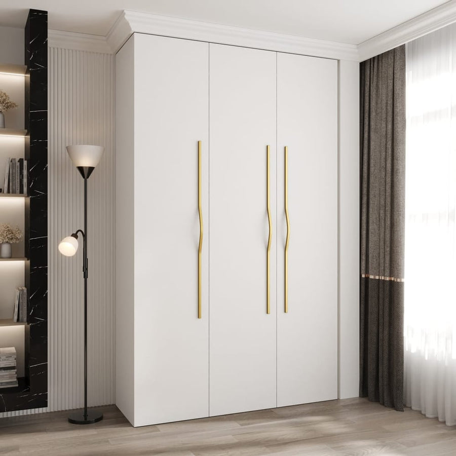 Como II Hinged Door Wardrobe 150cm with three white doors and gold handles in a modern room